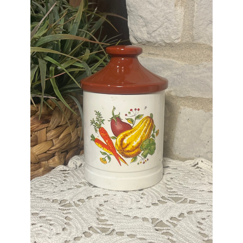 Vintage Ceramic Vegetable Canister White Harvest, Farmhouse, Retro SMALL